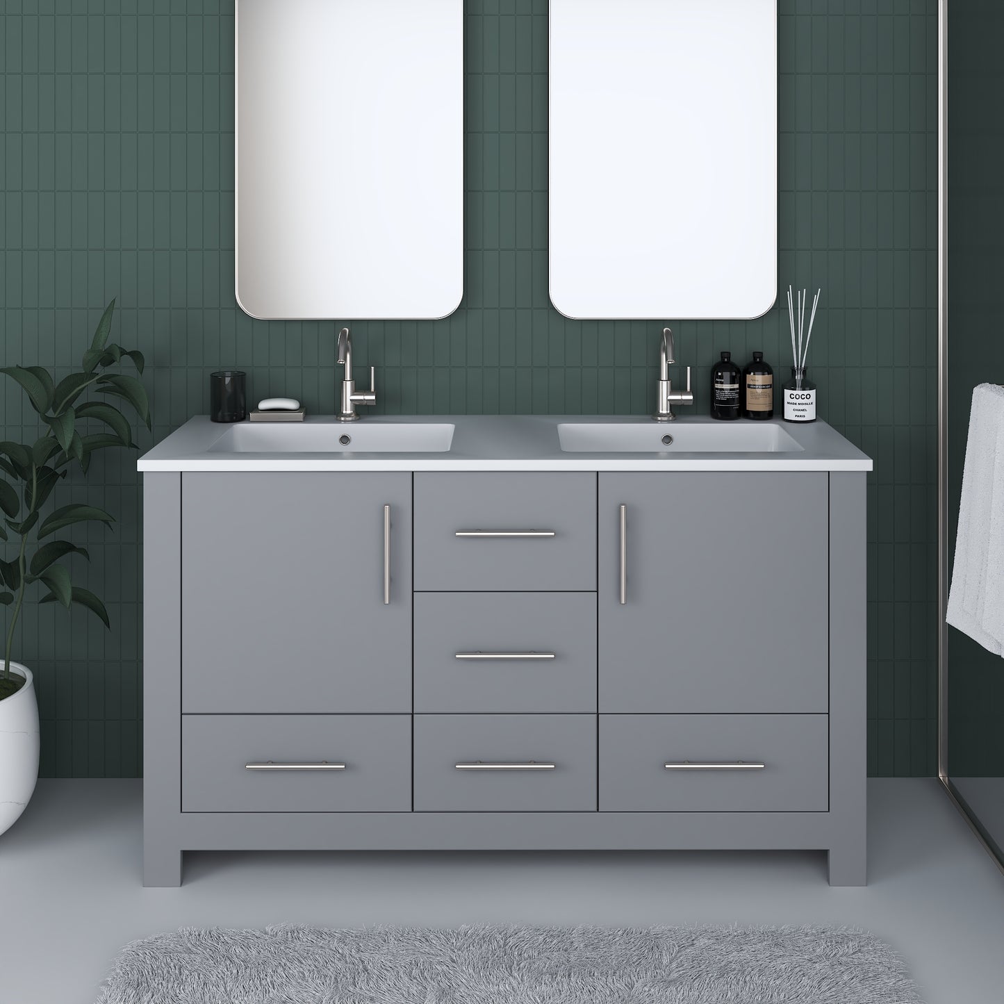 Boston 60" Double Sink Bathroom Vanity with Acrylic integrated counter top