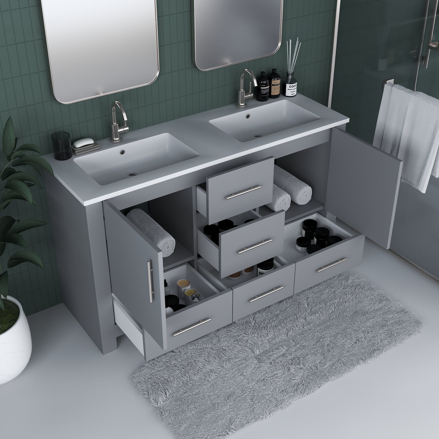 Boston 60" Double Sink Bathroom Vanity with Acrylic integrated counter top
