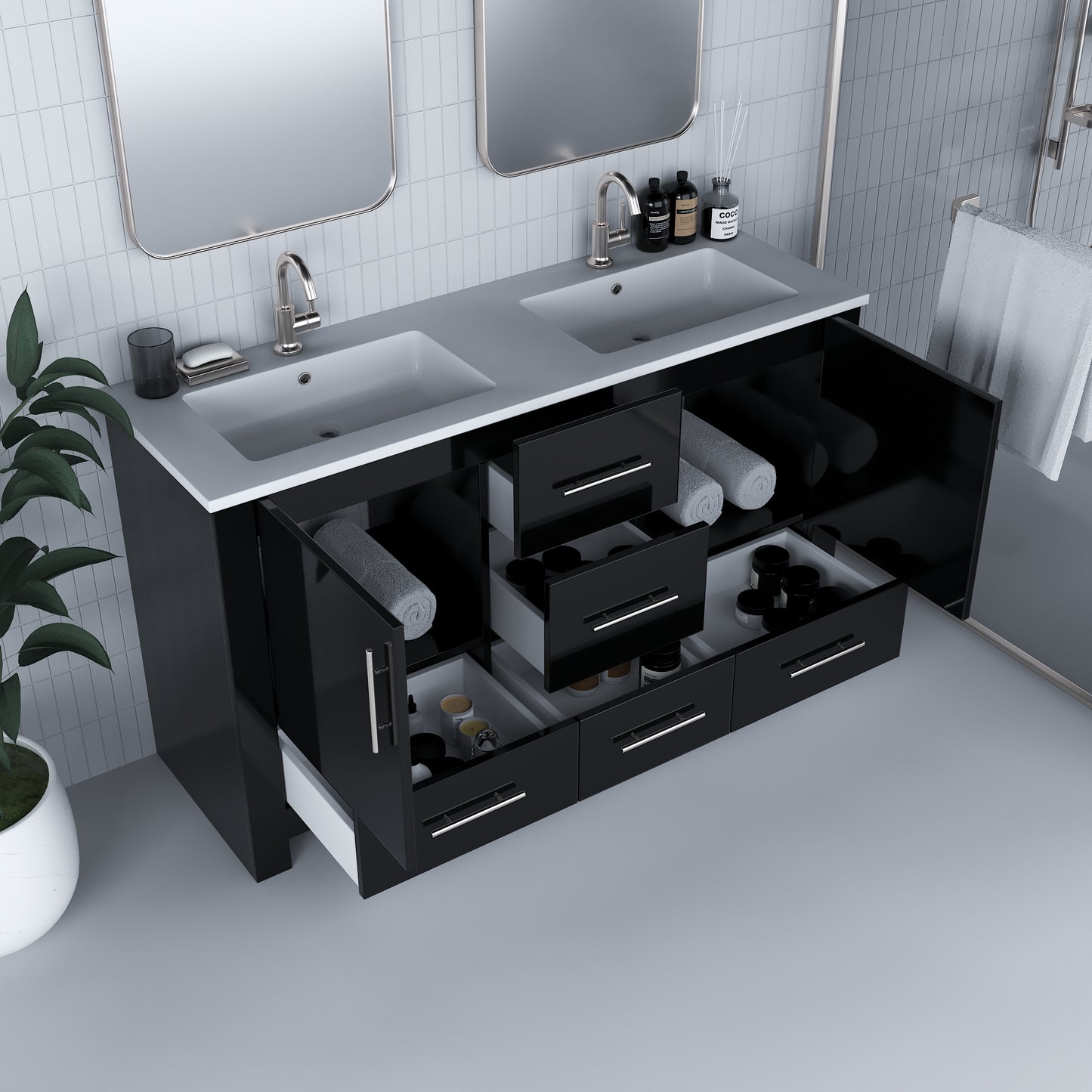 Boston 60" Double Sink Bathroom Vanity with Acrylic integrated counter top