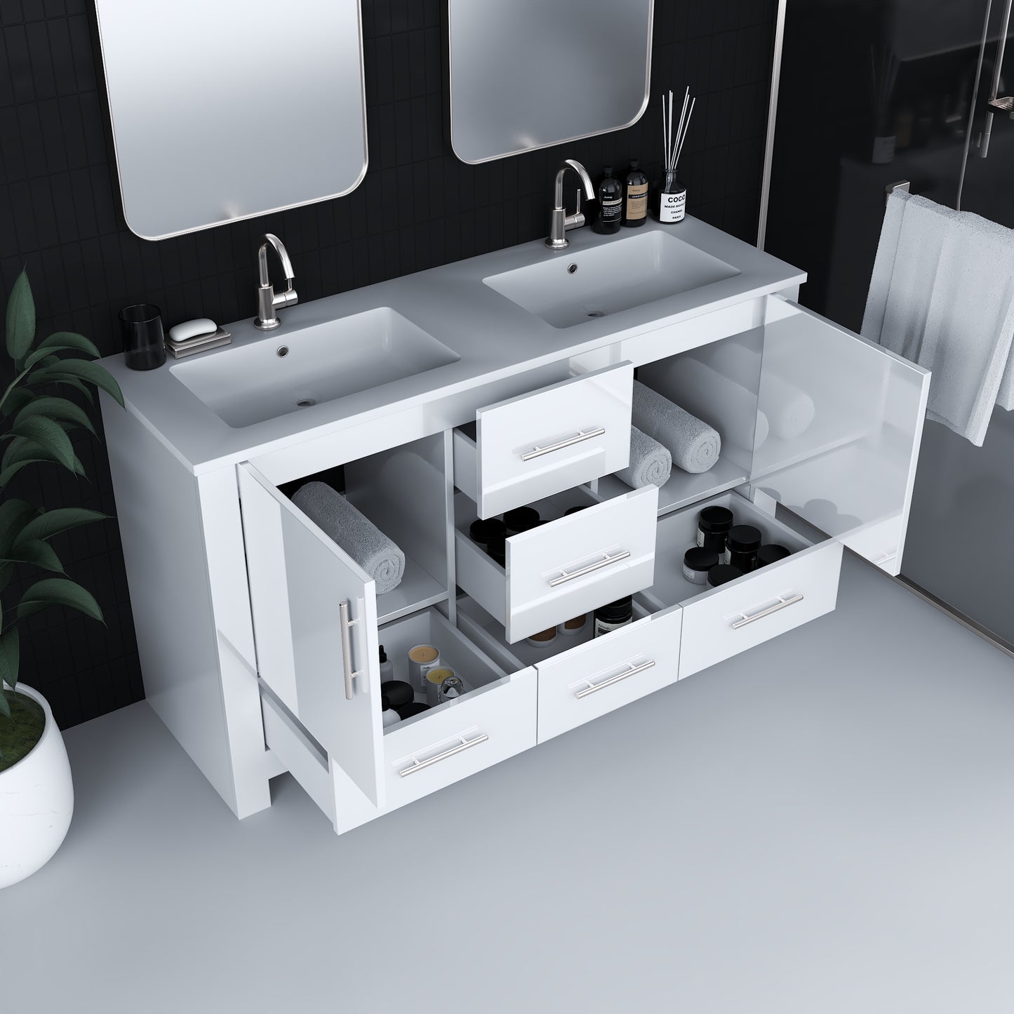 Boston 60" Double Sink Bathroom Vanity with Acrylic integrated counter top