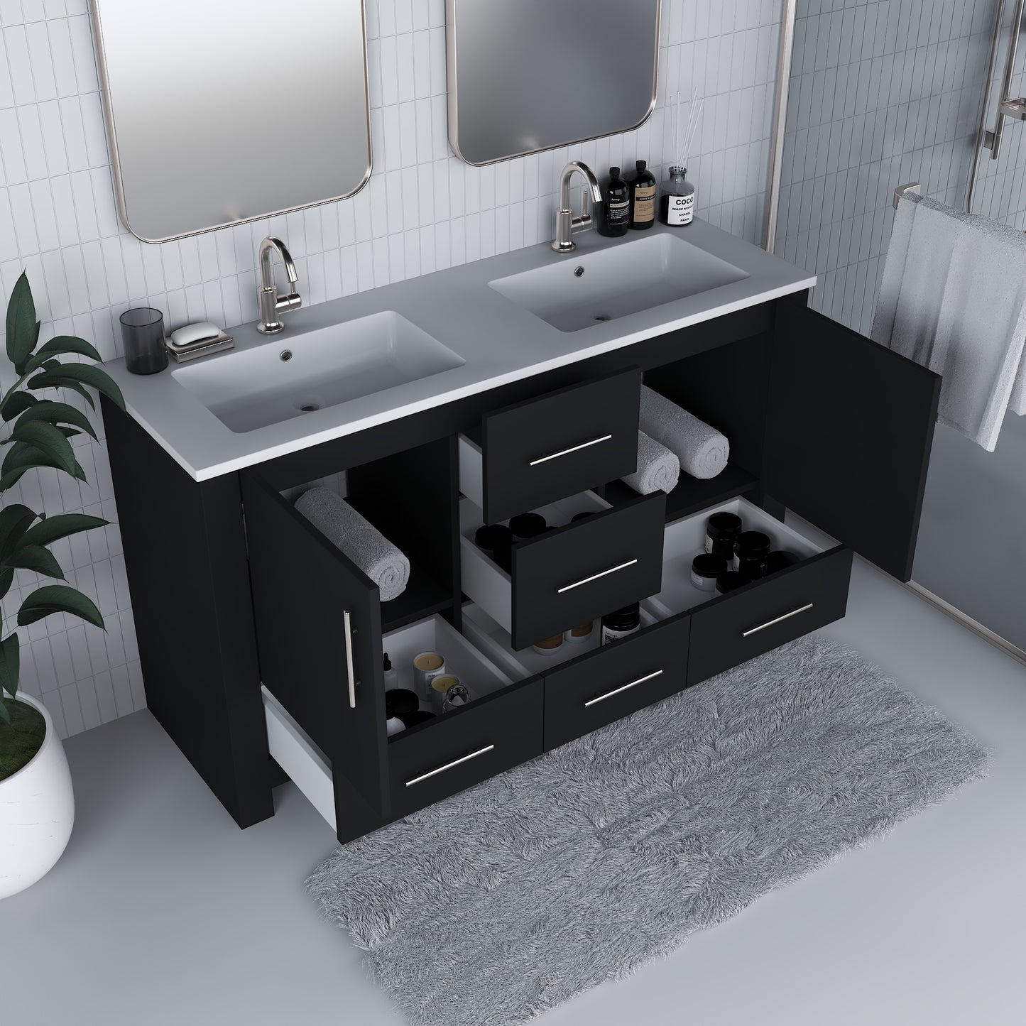 Boston 60" Double Sink Bathroom Vanity with Acrylic integrated counter top