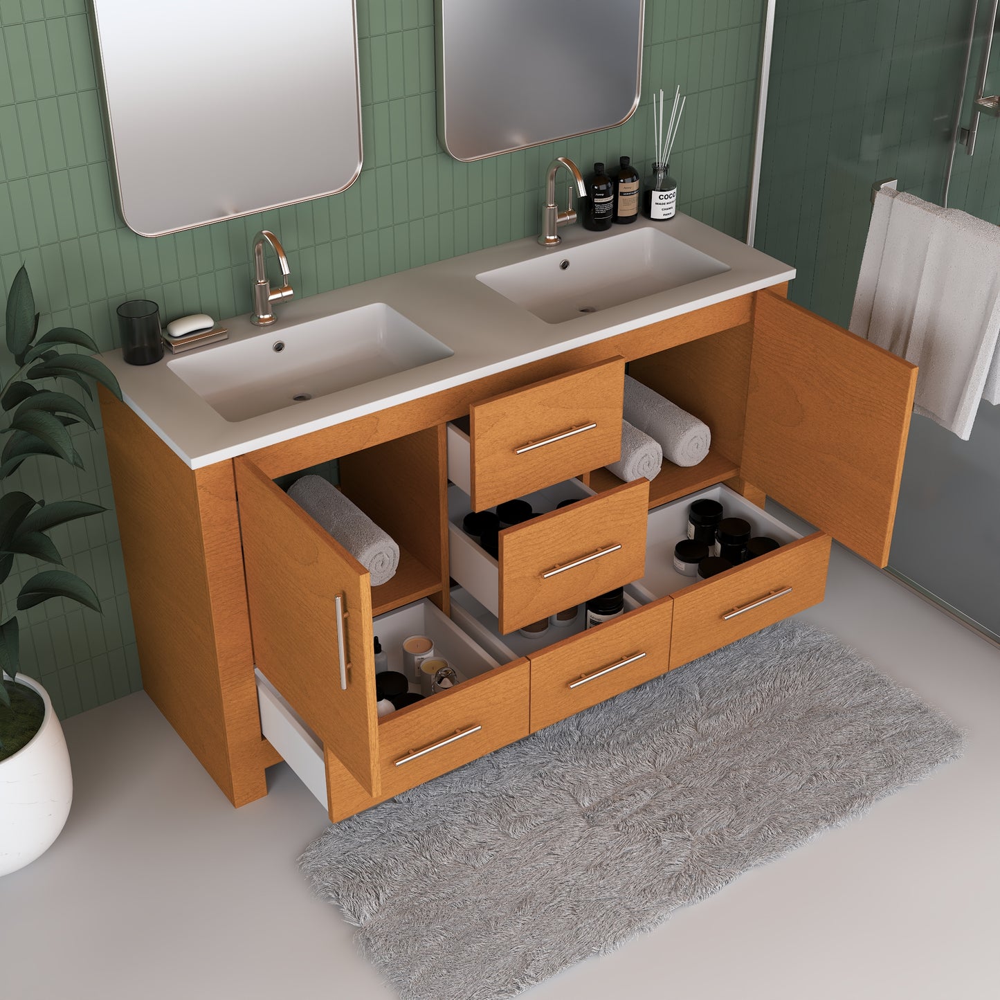 Boston 60" Double Sink Bathroom Vanity with Acrylic integrated counter top