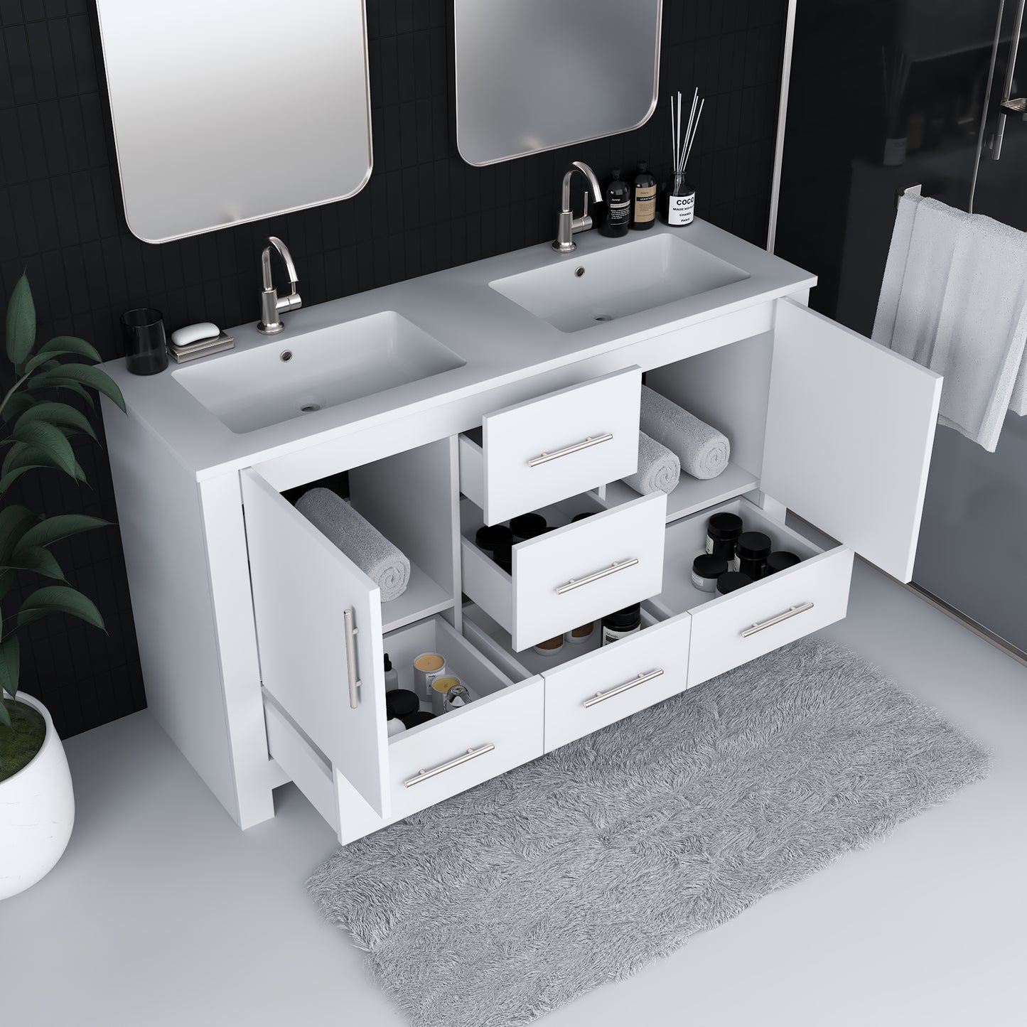 Boston 60" Double Sink Bathroom Vanity with Acrylic integrated counter top