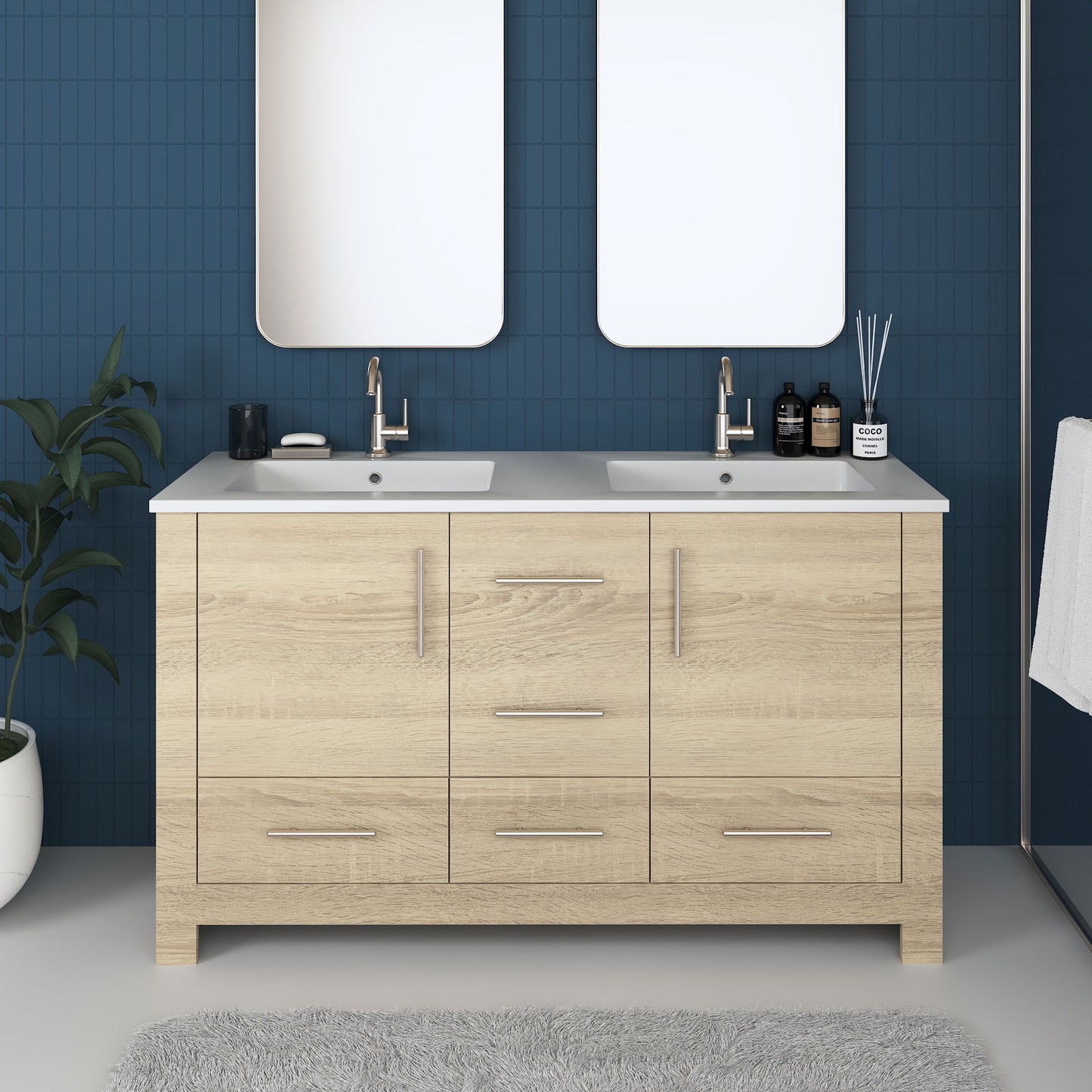 Boston 60" Double Sink Bathroom Vanity with Acrylic integrated counter top