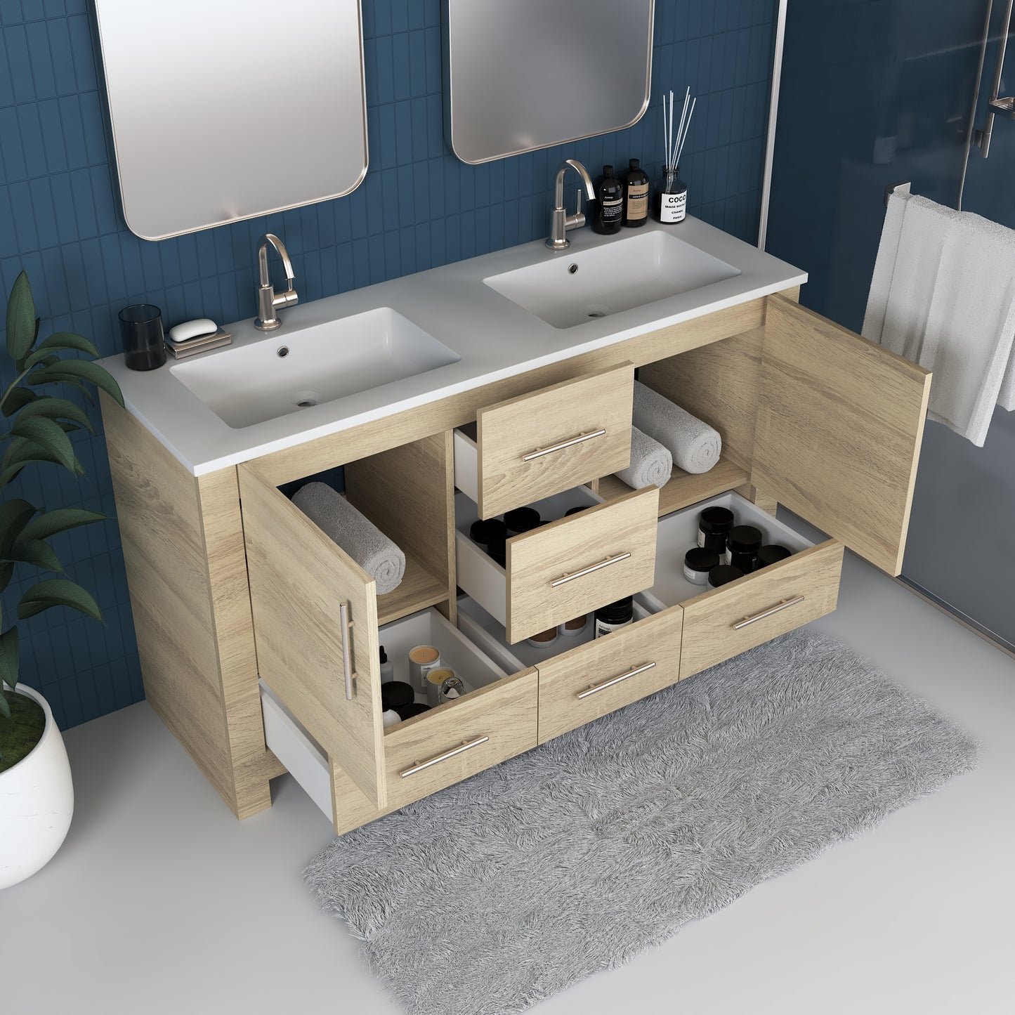 Boston 60" Double Sink Bathroom Vanity with Acrylic integrated counter top