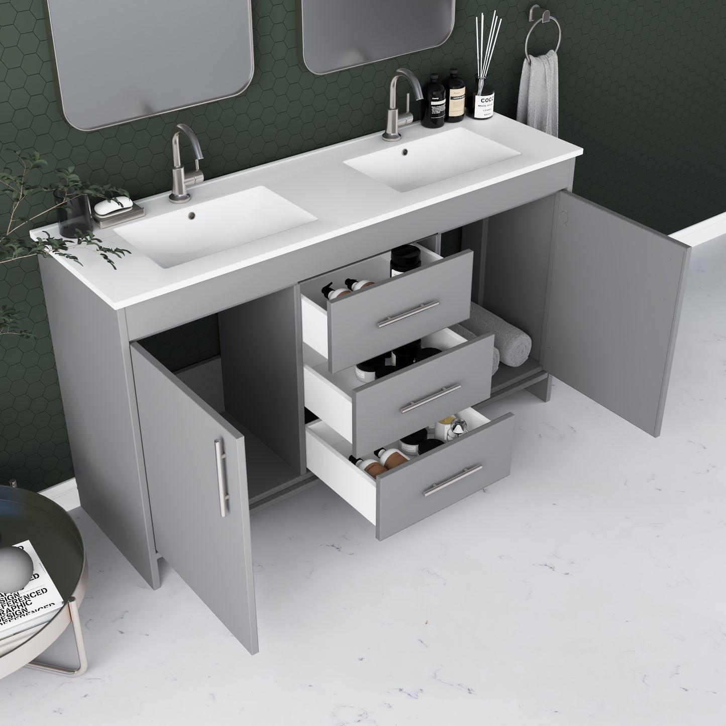 Pacific Double Sink 60" Bathroom Vanity with Ceramic integrated counter top