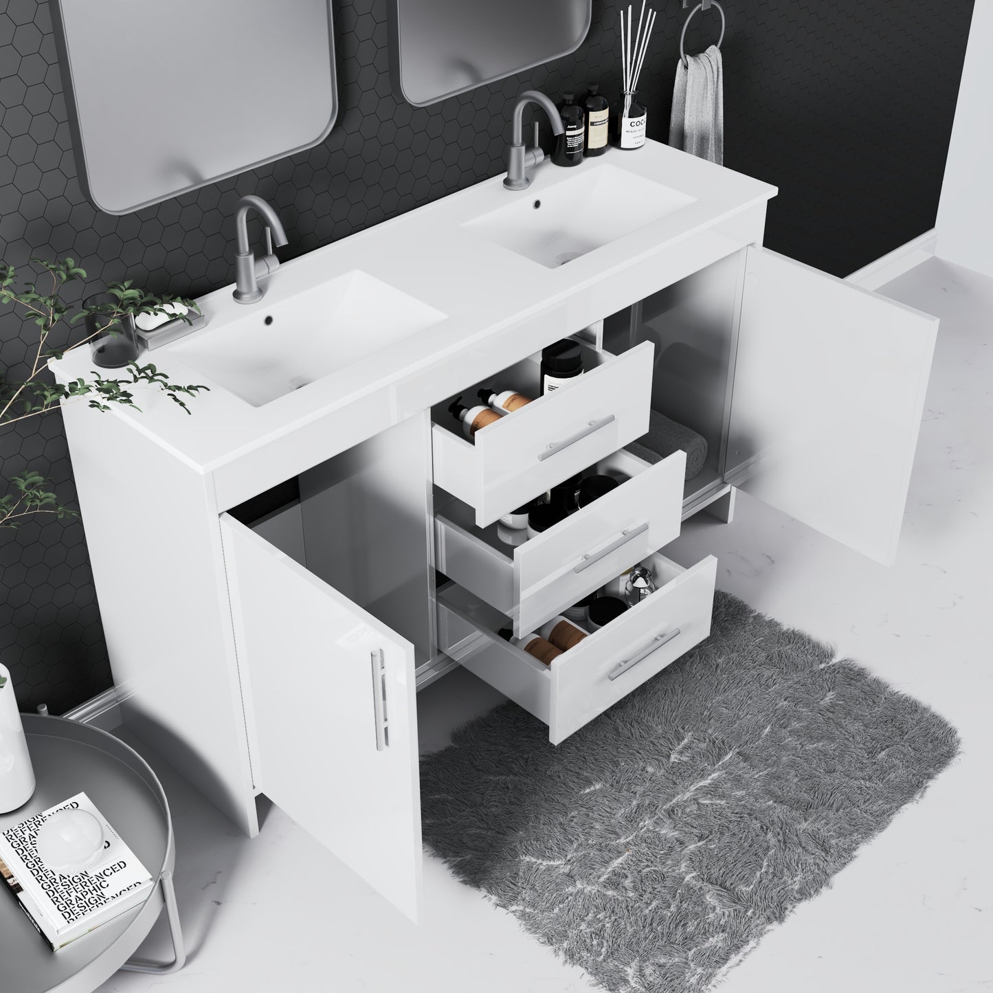 Pacific Double Sink 60" Bathroom Vanity with Ceramic integrated counter top