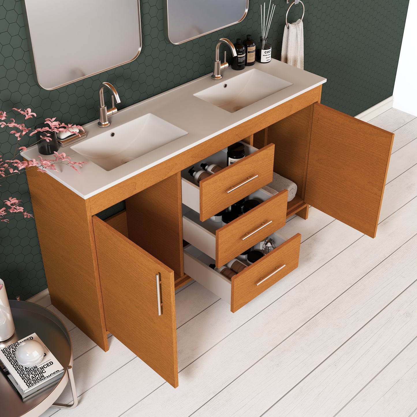 Pacific Double Sink 60" Bathroom Vanity with Ceramic integrated counter top