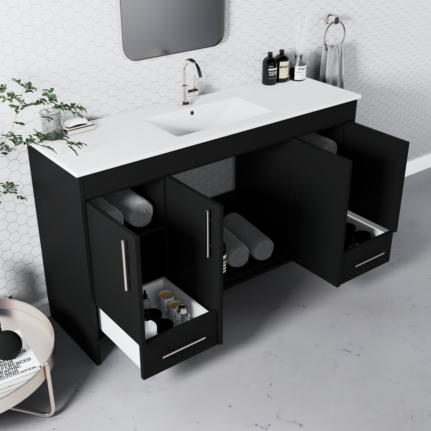 Pacific Single Sink 60" Bathroom Vanity with Ceramic integrated counter top