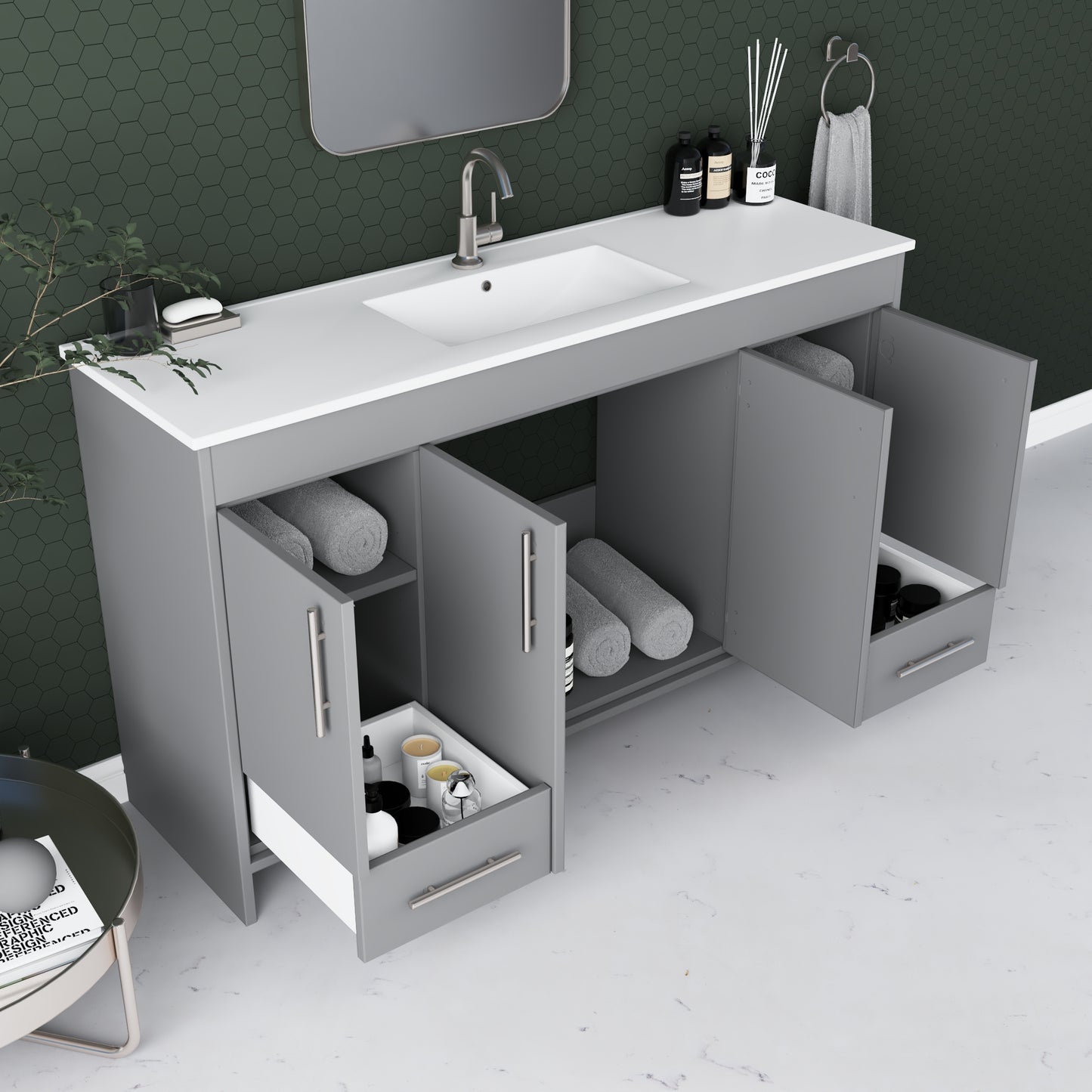 Pacific Single Sink 60" Bathroom Vanity with Ceramic integrated counter top