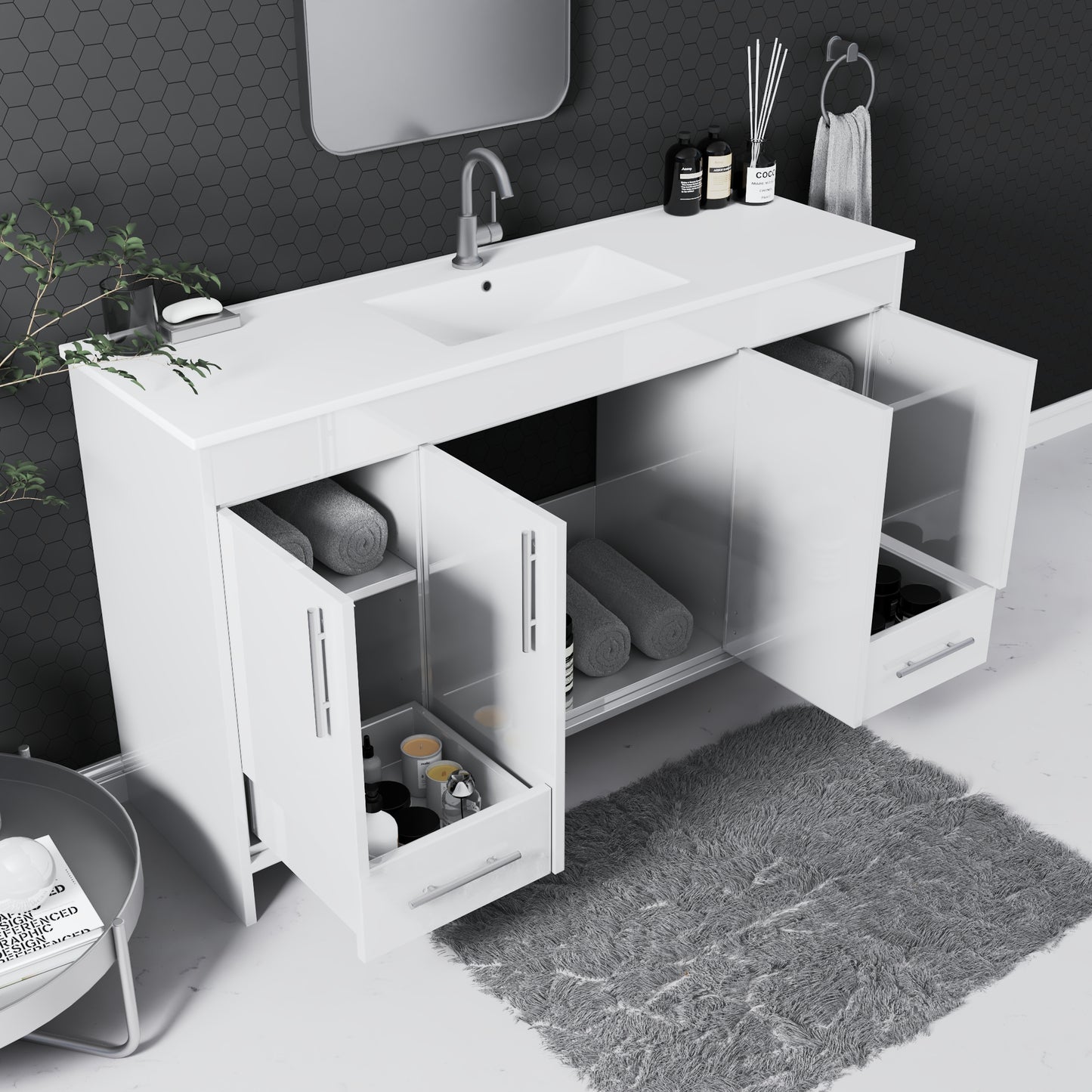 Pacific Single Sink 60" Bathroom Vanity with Ceramic integrated counter top