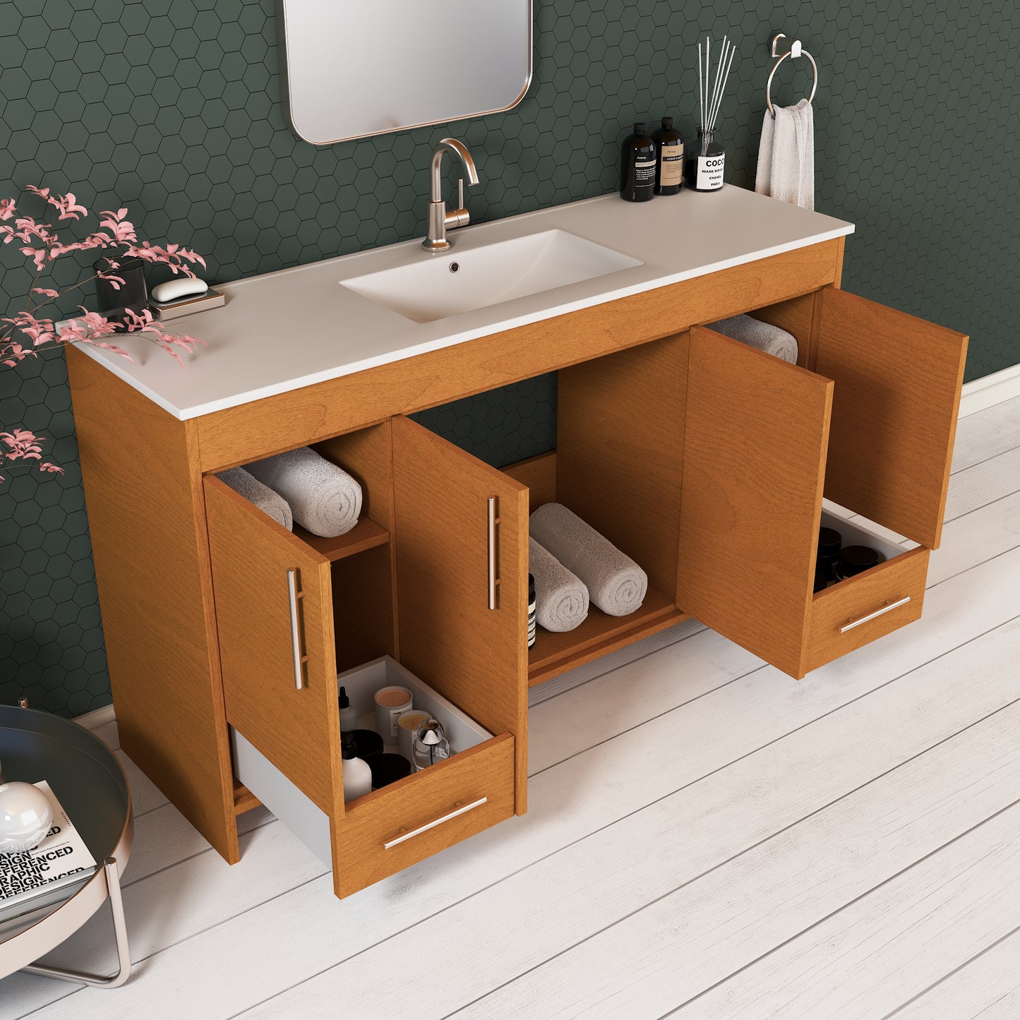 Pacific Single Sink 60" Bathroom Vanity with Ceramic integrated counter top