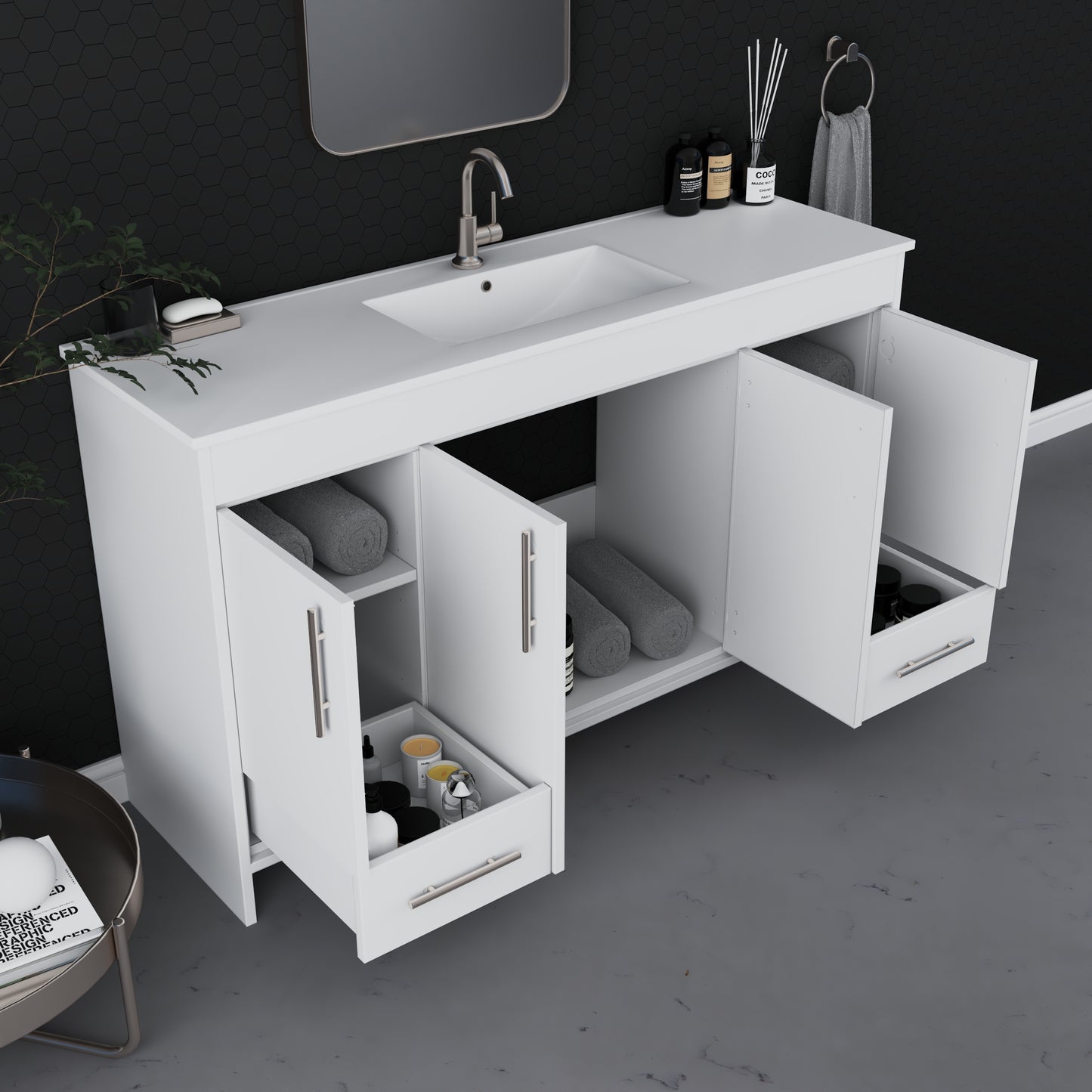 Pacific Single Sink 60" Bathroom Vanity with Ceramic integrated counter top