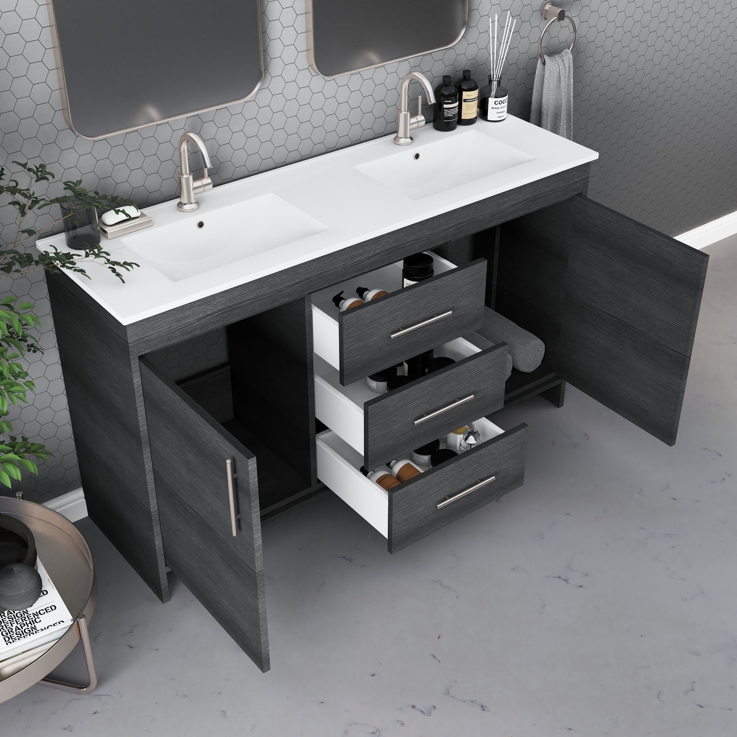 Pacific Double Sink 60" Bathroom Vanity with Ceramic integrated counter top
