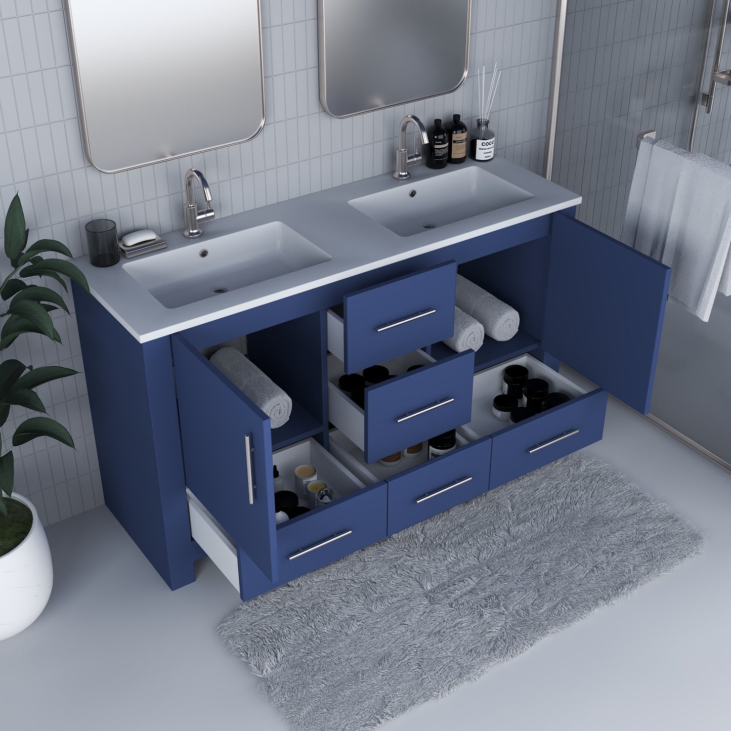 Boston 60" Double Sink Bathroom Vanity with Acrylic integrated counter top